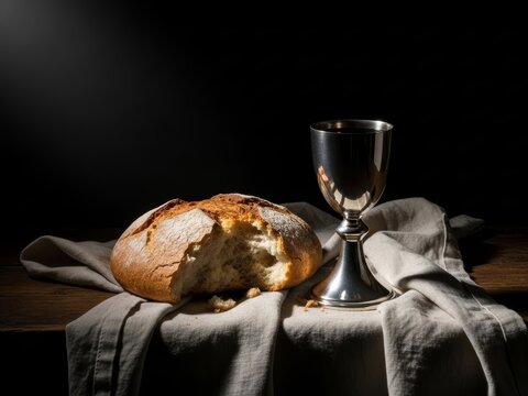 Silver chalice and bread on dark table. Holy communion religious concept or Easter celebration. Still life shot representing spiritual ritual.