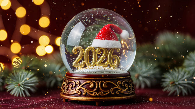Magical Snow Globe for 2026 with Golden Santa Hat