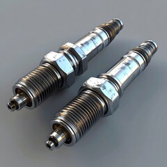 Two shiny spark plugs, ribbed and metallic, angled on a gray surface. Light and shadows define form