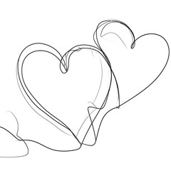 Two simple hearts drawn with continuous line art intertwining in a minimalist, elegant style on a white background