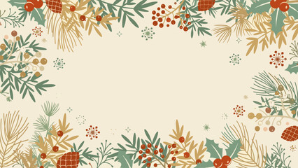 Vintage Botanical Christmas Frame with Pine Branches, Berries and Cones on Cream Background - Elegant Festive Illustration with Copy Space