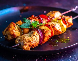 Two skewers with grilled chicken pieces and vegetables on a plate with seasoning and sauce