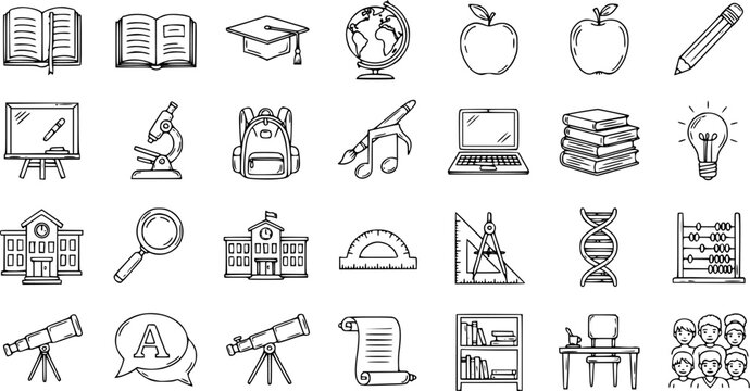 Education Line Art Icons Set. Hand-drawn School Doodle Outline Symbols for Learning and Study. Comprehensive Collection of Educational Elements and Tools.