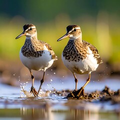 Two small birds wading through shallow water, casting reflections, set against a blurred green backdrop