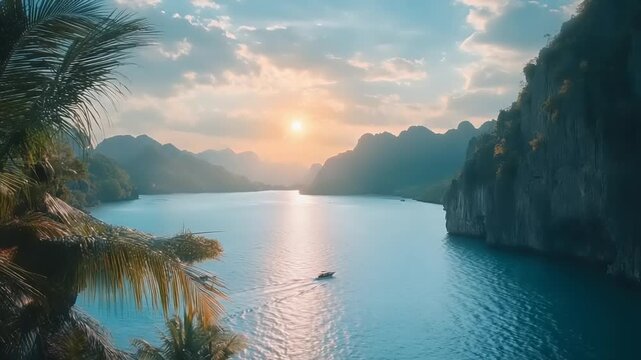 Tropical bay landscape with sun setting over limestone karsts viewed through palm foliage