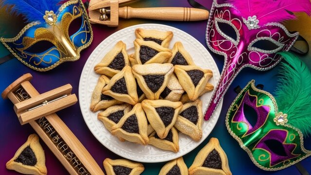 Traditional Purim holiday celebration with sweet hamantaschen cookies on a plate, colorful carnival masks, and wooden noisemakers on vibrant fabrics. Festive Jewish festival concept art.