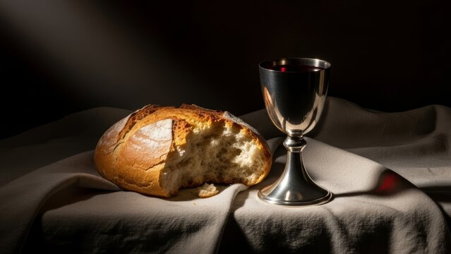 Broken loaf of bread and a silver chalice with red wine on a linen cloth under dramatic light. Christian communion, Eucharist, and holy sacrament concept. Religious still life.