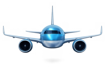 Blue passenger airplane flying, transporting people for business and vacation travel, 3d rendering with front view