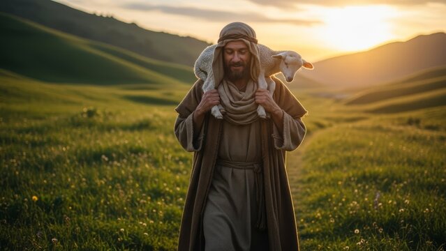 Cinematic shot of a gentle shepherd in ancient robes carrying a small lamb on his shoulders at sunset. Jesus as the Good Shepherd in a lush green valley, representing mercy, protection and care.