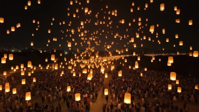 Hundreds of lanterns floating in the night sky over a crowd of people gathered in a view