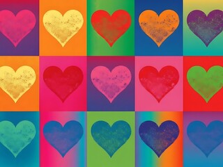 Vibrant heart patterns in colorful pop art background