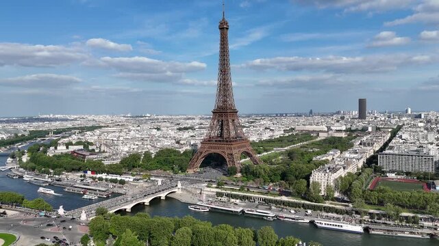 Paris Skyline At Paris In France Island France. Highrise Eiffel Tower. Downtown Cityscape. Paris Skyline At Paris In France Island France. Seine River Skyline. Metropolitan Region Aerial View.