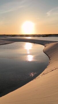 Lencois Maranhenses In Santo Amaro Maranhao Brazil. Natural Freshwater Lagoon Nestled Between White Sand Dunes. Sunset Holiday Landscape Heaven Stunning. Heaven Turquoise Coast. Santo Amaro Maranhao.