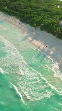 Tulum Mexico Beach, Aerial vertical fly White Sand coastline and Blue Water in forested reservoir