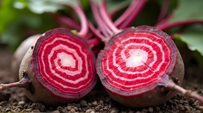 Two beetroot halves cut crosswise, showing a pattern of bright pink and white concentric rings