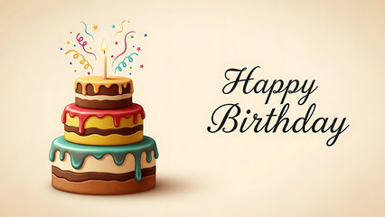 A vibrant birthday cake with multiple layers and colorful decorations is prominently displayed on a plain background