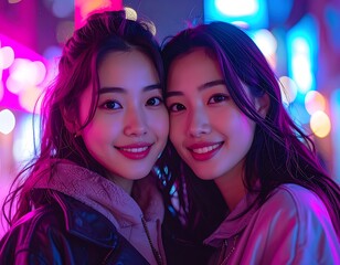 Two smiling young women, bathed in vibrant neon lights, share a close, intimate moment against a blurred background