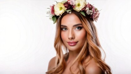 Naklejka premium Beautiful Woman Wearing Floral Crown Portrait.