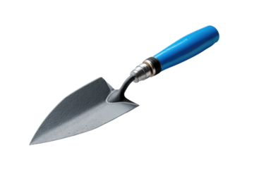 Small trowel tool. Blue handle, gray scoop on black background