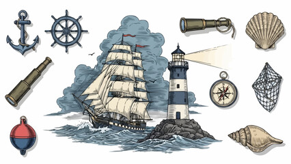 Nautical elements collection with sailing ship and lighthouse. © Bismillah