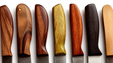 Close-up of knife handles diverse grains & colors. Smooth wooden shapes on white backdrop, sharp contrast