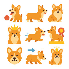 Fototapeta premium Nine playful corgi dogs in various poses perfect for pet products, childrens books, and whimsical designs needing canine characters.