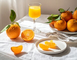 햇살 비치는 테이블 위 한라봉과 귤 조각 및 신선한 오렌지 주스 Fresh Hallabong mandarin with peeled segments and juice glass on sunny table