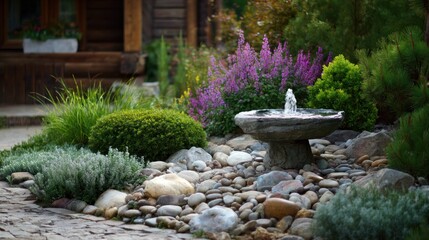 Serene garden scene featuring a stone fountain nestled amongst various plants and a bed of smooth stones, adjacent to a rustic wooden structure.  