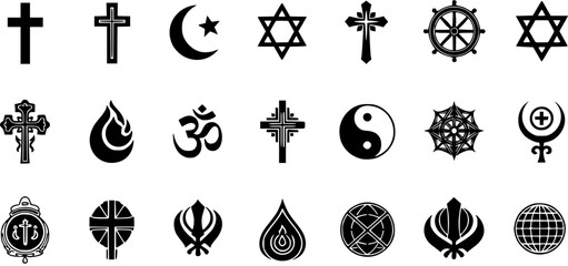 Religious Symbols Collection: Black  White Icons of Christianity, Islam, Judaism, Buddhism, Hinduism, Sikhism, Daoism, and Earth Globe