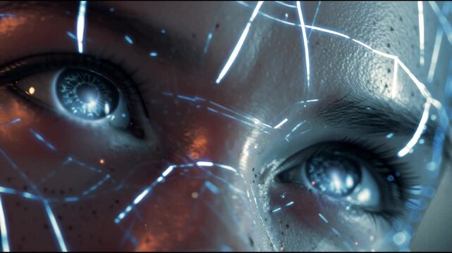 A cinematic futuristic video of a robotic face awakening, with subtle mechanical movements and glowing lights activating, symbolizing artificial intelligence coming to life