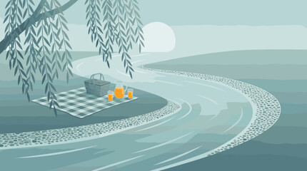 Serene Riverside Picnic Scene with Willow Tree and Juice