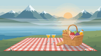 Sunset Picnic by the Lake with Fruit Basket