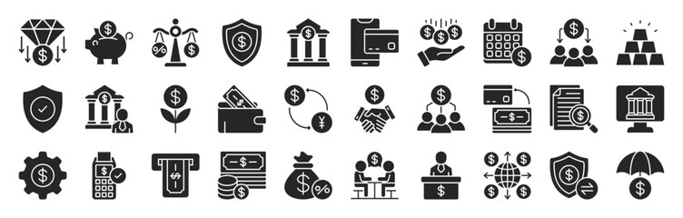 Bank editable glyph style icon set collection. Mortgage, investment, wallet, online banking, ATM, savings, banger and more. Vector illustartion eps 10