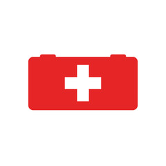 Obraz premium Red first aid kit icon with white cross on a white background, representing emergency medical supplies and safety equipment