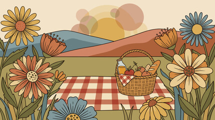 Boho Picnic Scene: Retro Flowers & Summer Vibes Illustration
