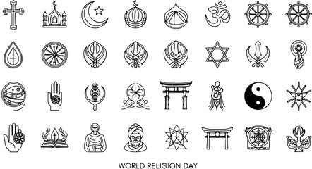 World Religion Day Black and White Line Art Glyphs: Diverse Religious Symbols, Spirituality, and Faith Icons Collection for Global Unity and Cultural Diversity Vector Design