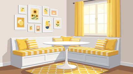 Bright Yellow Dining Nook Interior with Gallery Wall Art
