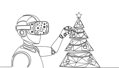 Robot decorating futuristic Christmas tree with virtual reality headset on