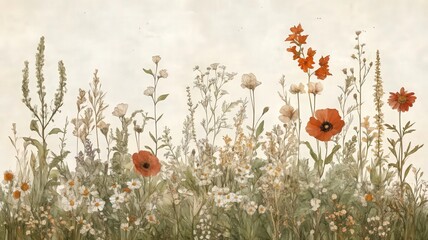 Aged Botanical Illustration of Pressed Wildflowers