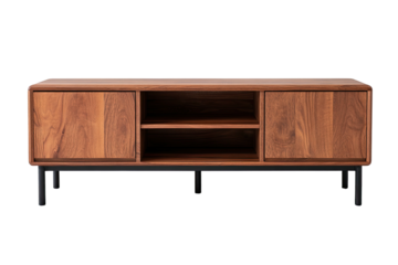 Wood cabinet with doors & open shelves on slim black legs