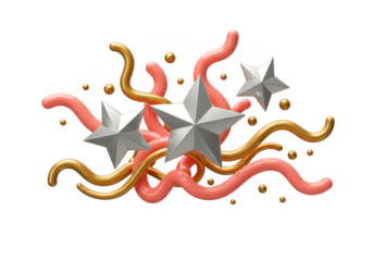 Three glossy silver stars bursting upwards, intricate coral-pink and metallic golden streams intertwining, scattered spheres on a transparent copy space. Concept of dynamic celebration