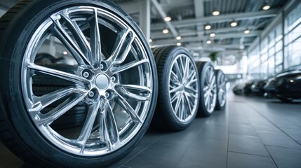Row of gleaming car wheels/tires inside a showroom with cars in blurred background
