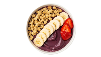 A delicious acai bowl with granola, banana, and strawberries in a white bowl on transparent background