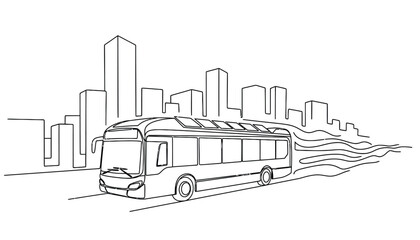 Fototapeta premium Electric bus driving through modern cityscape with solar panels