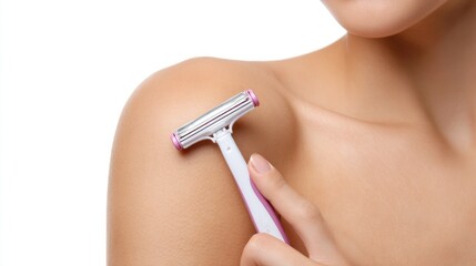 Close-up of a person's shoulder and arm, holding a razor against their skin, about to shave. White background