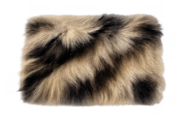 Faux fur fabric swatch showing fluffy texture, brown and tan animal print pattern, soft textile material background