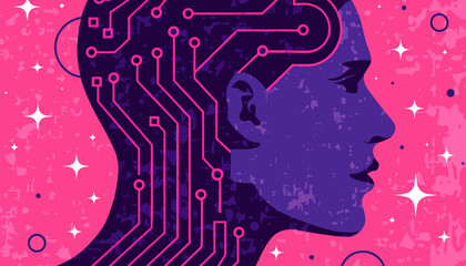 Vibrant illustration of a woman's head with circuit board design