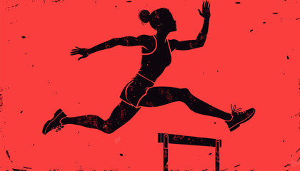 Female athlete jumping over hurdle in dynamic motion on red background