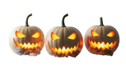 Three white jack-o'-lanterns, glowing orange-yellow carved faces with jagged teeth and varied expressions, wispy mist, on a dark blue plank, transparent background. Halloween advertising concept