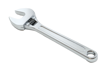 Adjustable wrench with ribbed handle, chrome, angled view